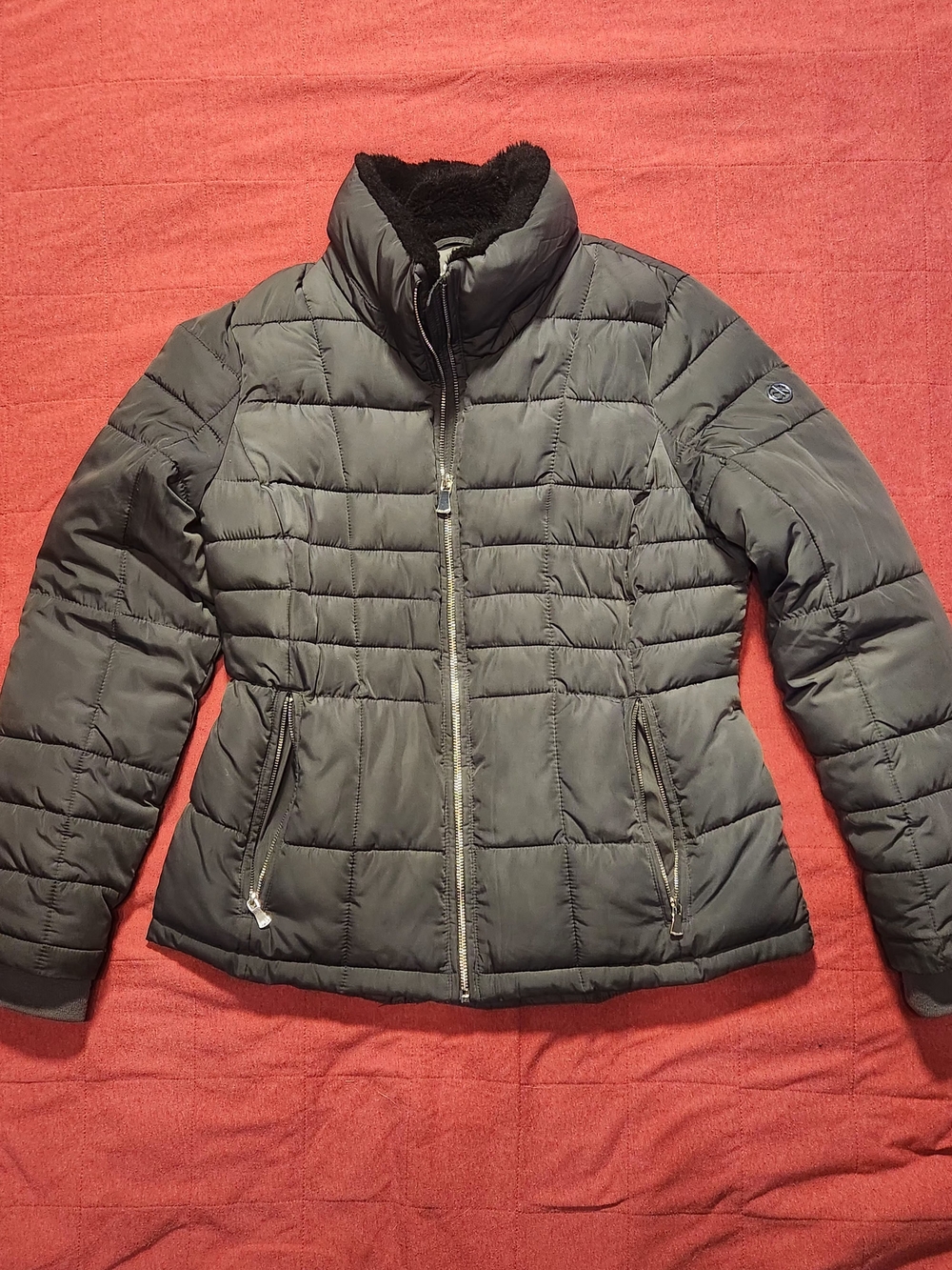 Calvin Klein Black Quilted Puffer Jacket with High Fur Collar